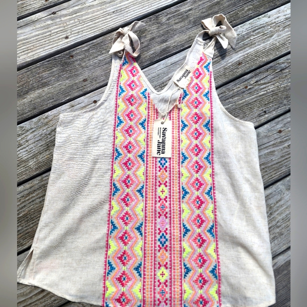 NWT- Savannnah Jane Bohemian Style Tank with Colorful Embroidery